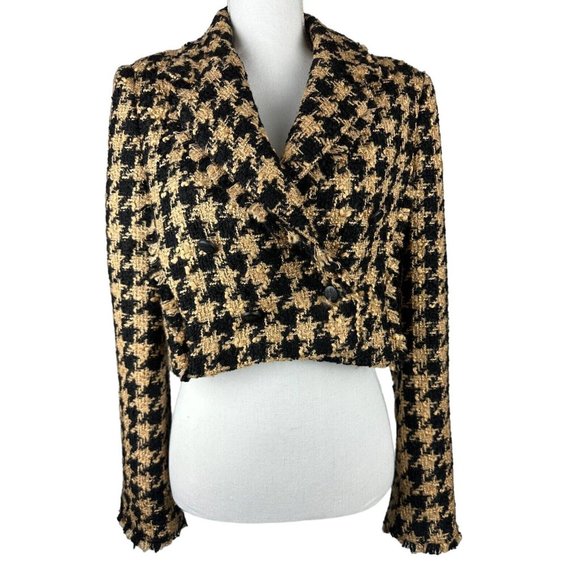New ZARA Tweed Houndstooth Cropped Textured Blazer Jacket Women's Brown Size L - Picture 1 of 9